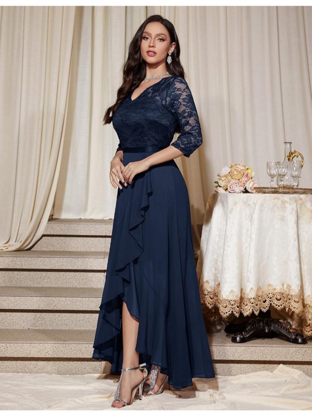 Women's Navy V-Neck Stylish Wedding Floral Lace Cocktail Party Bridesmaid Dress - Picture 2 of 6